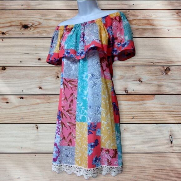 UMGEE | PATCHWORK PAISLEY COLORFUL BOHO BEACHY  OFF THE SHOULDER STRAPLESS DRESS - Picture 7 of 16